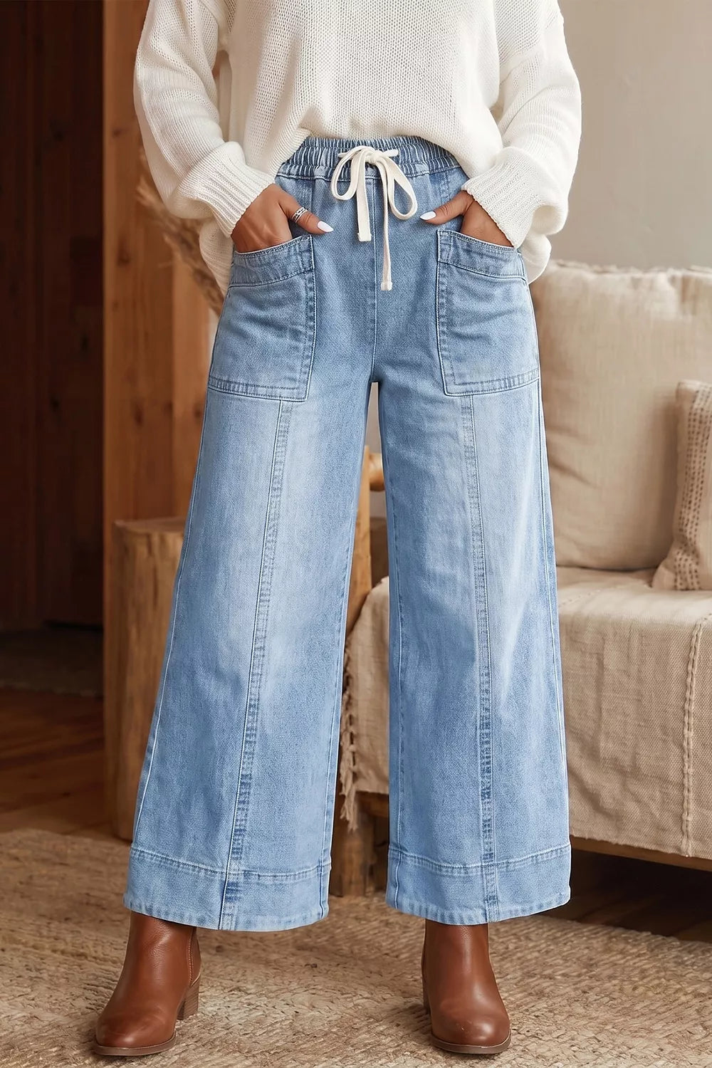 Trendsi Drawstring Waist Wide Leg Ankle Length Jeans -