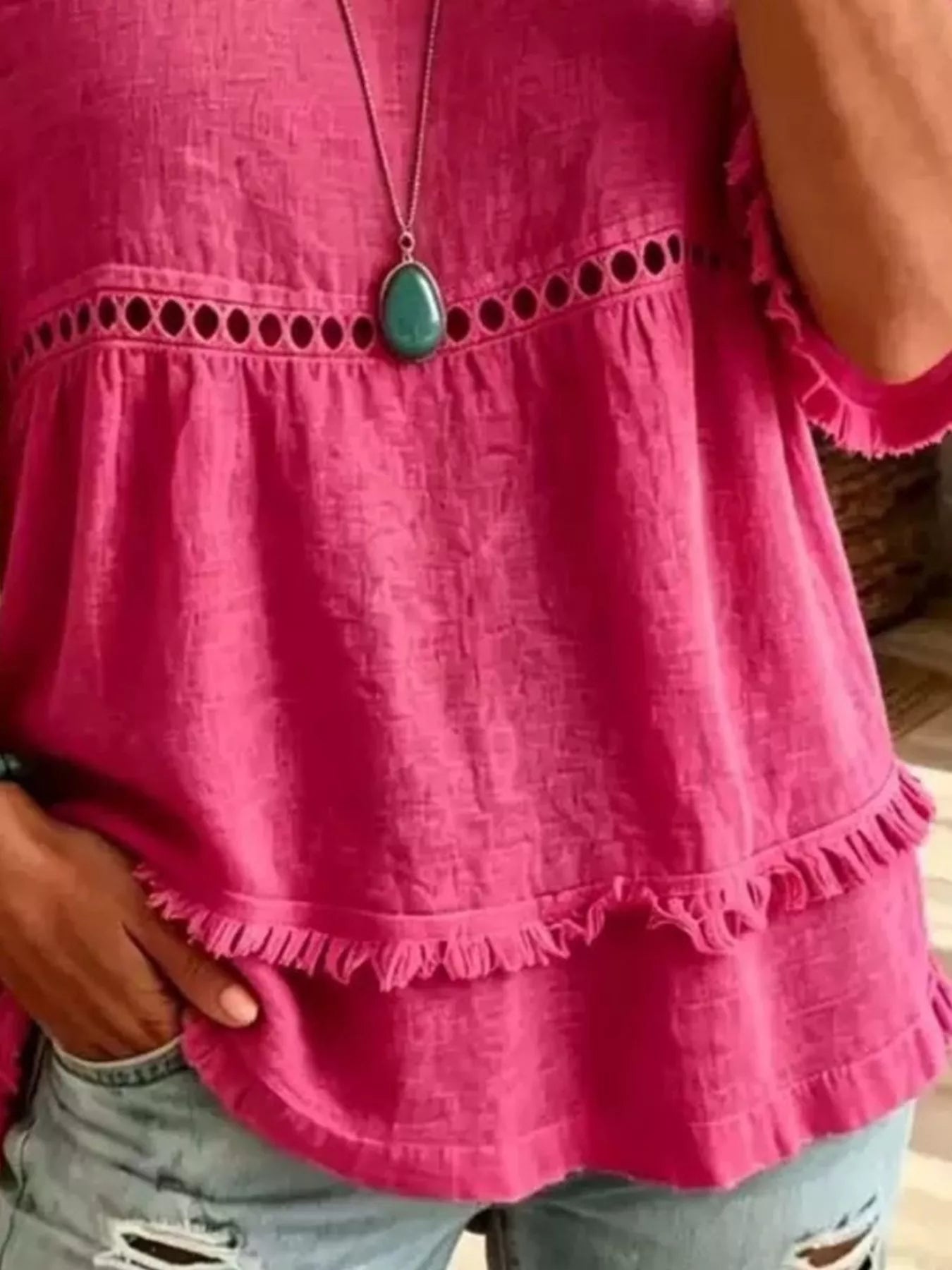 Trendsi Eyelet V-Neck Frayed Edge T-Shirt -