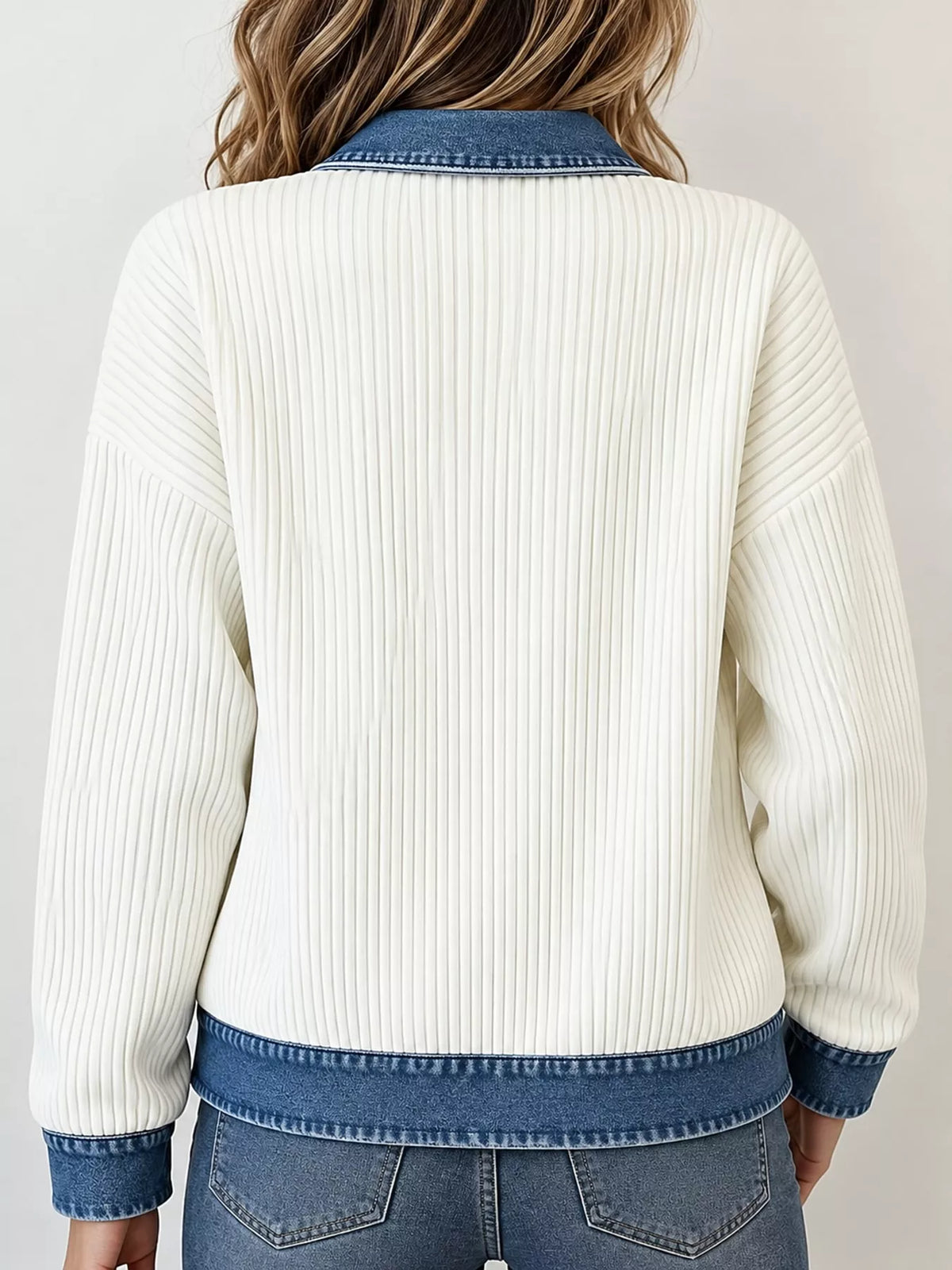 Cream denim-collar ribbed knit zip-up jacket — back view