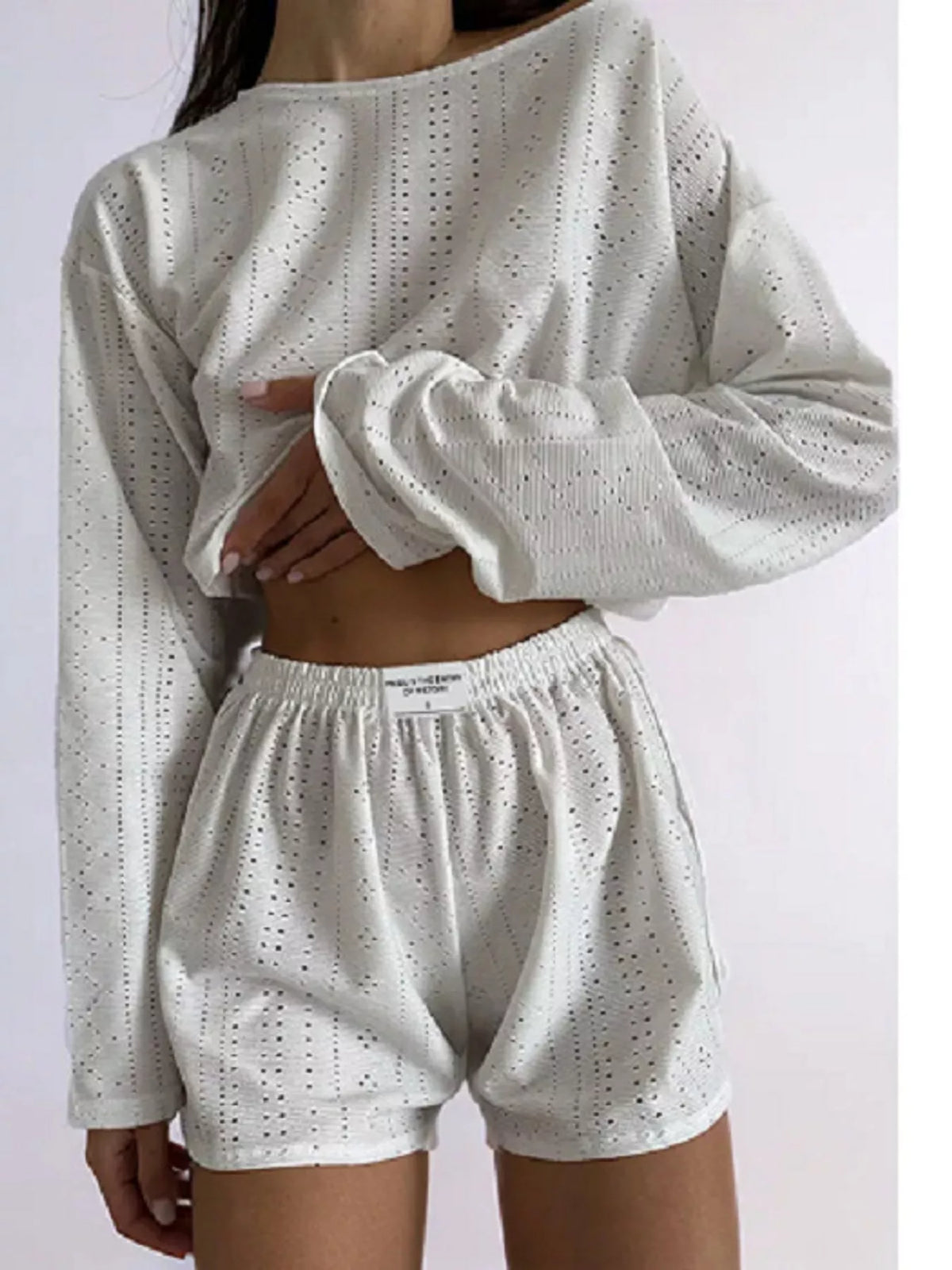 Eyelet Long Sleeve Top and Shorts Lounge Set in white