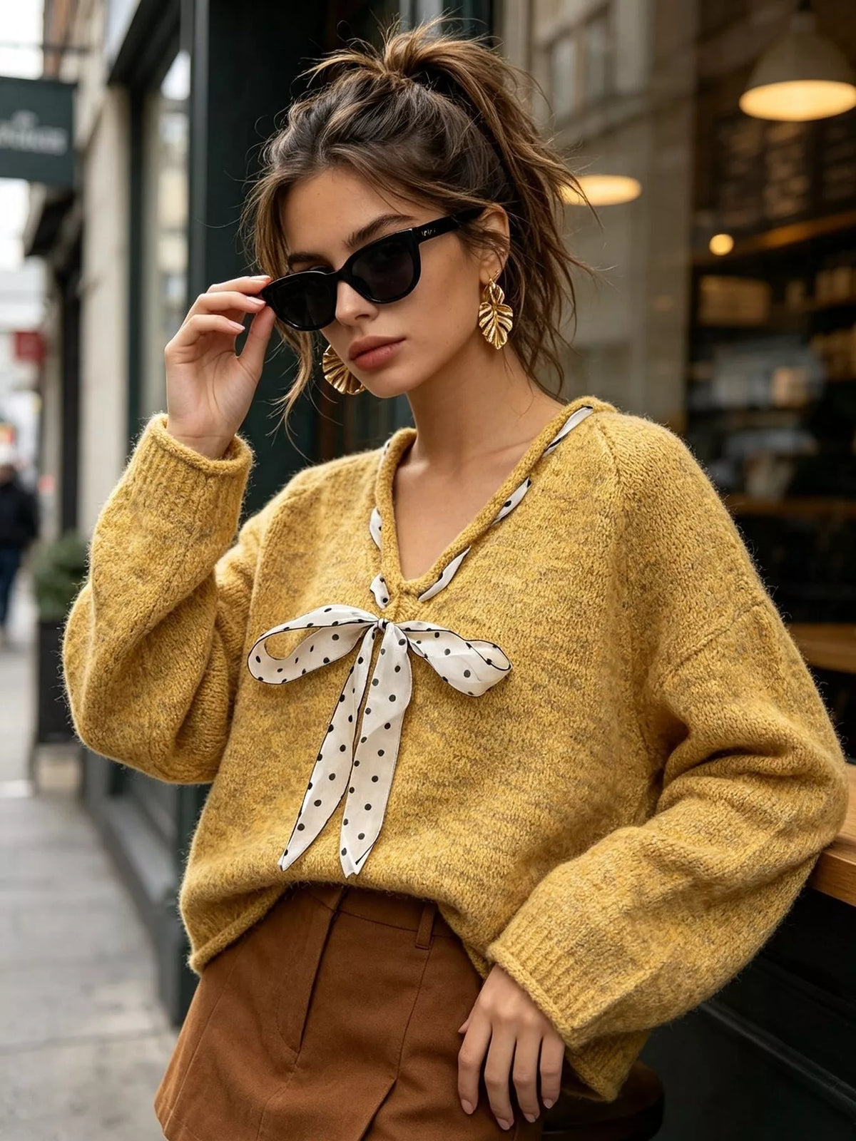 Yellow v-neck knit top with polka dot ribbon tie, angled front view.