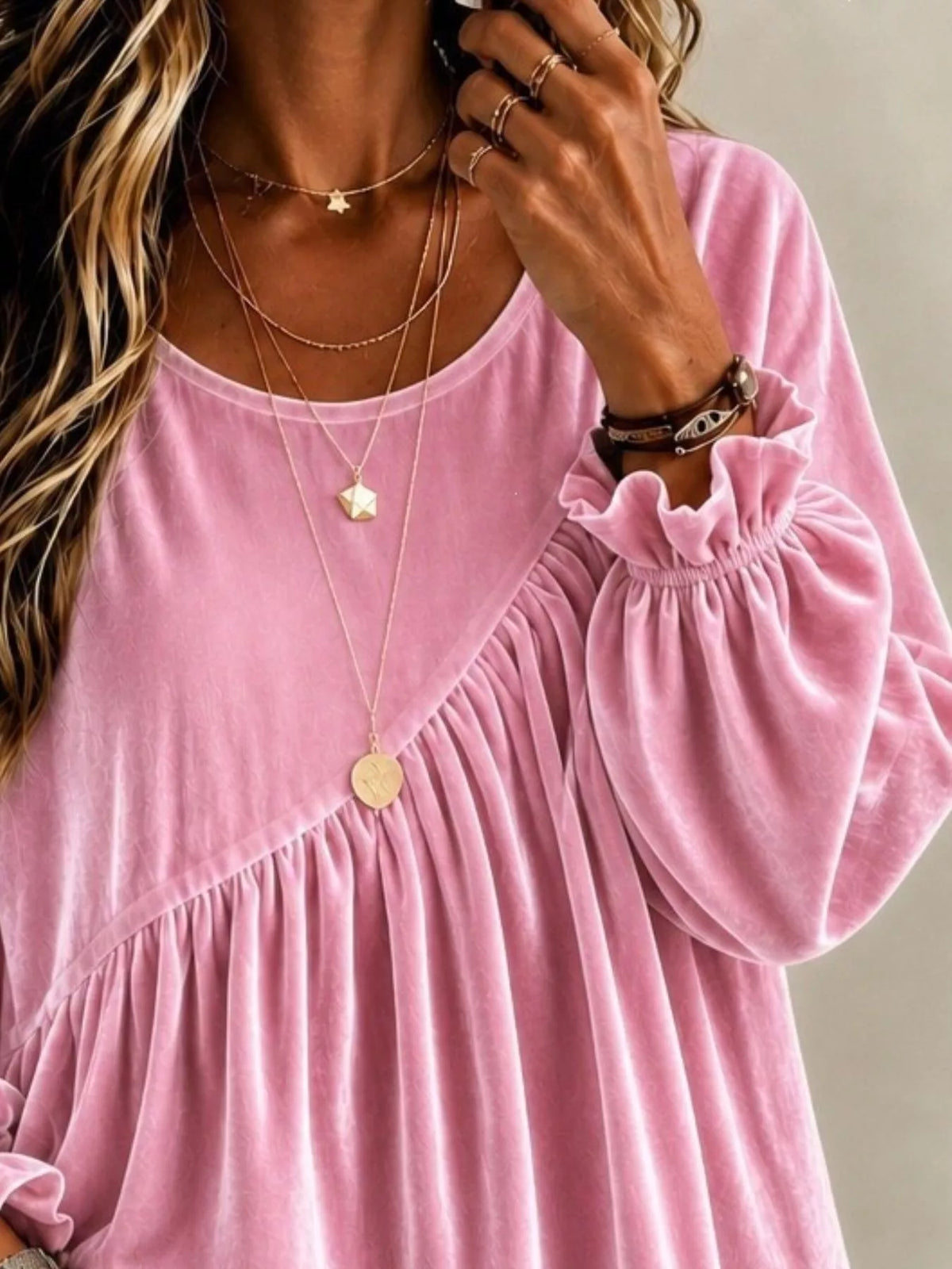 Trendsi Full Size Velvet Round Neck Long Sleeve Blouse Plus Size -