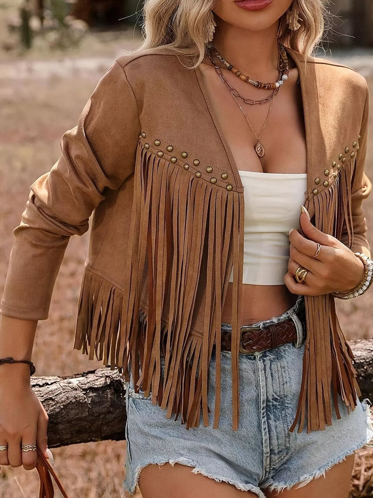 Studded Details Fringed Jacket in brown, front view