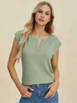Trendsi Double Take Full Size Notched Cap Sleeve Knit Top -