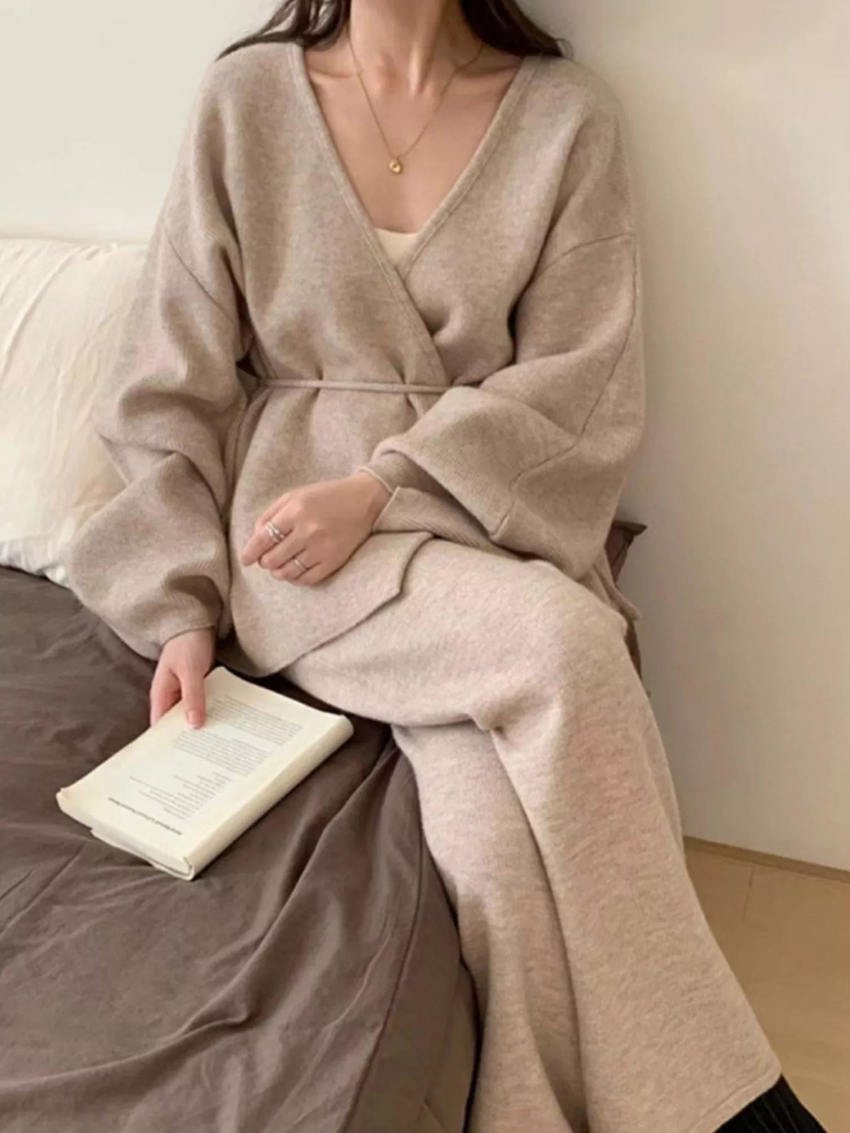 V-Neck Tied Wrap Cardigan and Wide-Leg Pants Sweater Set — front view