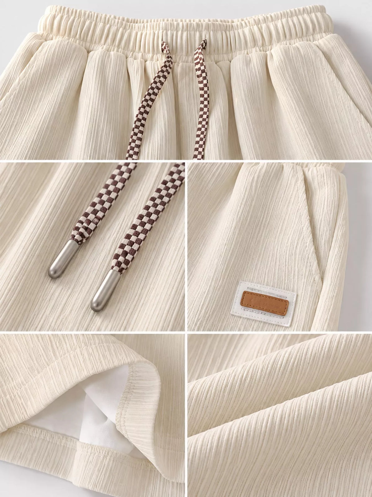 Women's Textured Drawstring Casual Shorts in cream — detail collage view