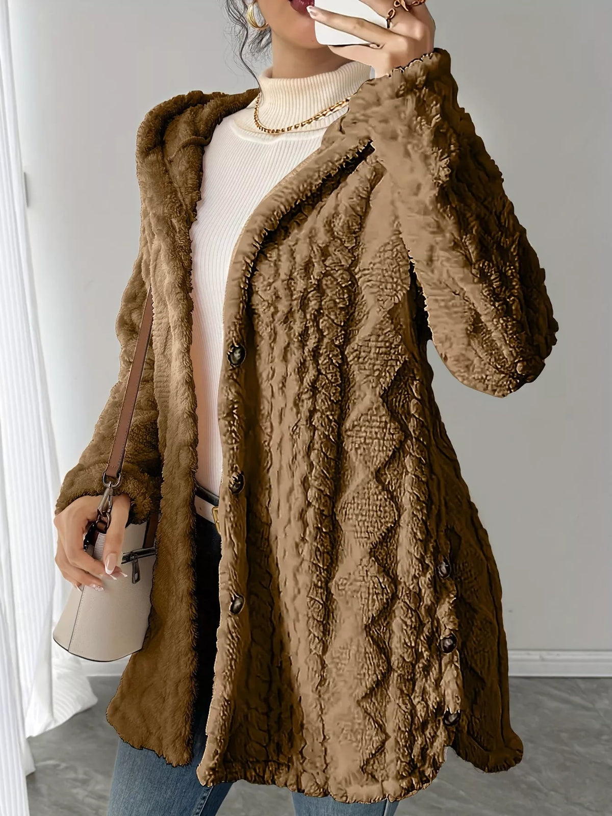 Camel cable knit faux fur hooded jacket