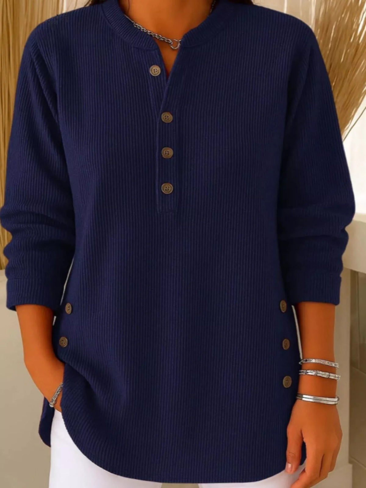Women's Button Detail Corduroy Top in Navy Blue, front view