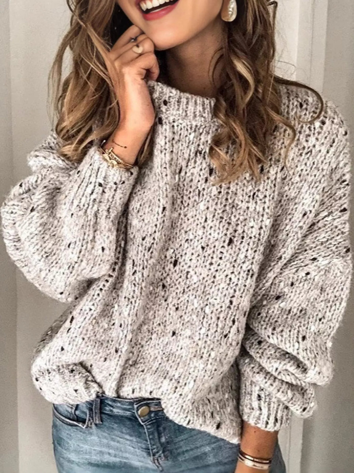 Beige chunky knit round neck sweater, front view