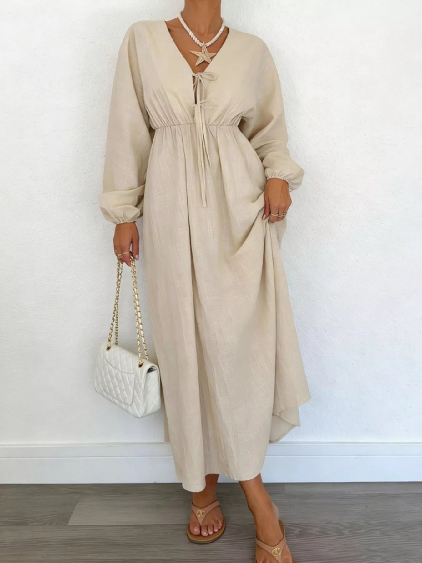 Trendsi Tie Front Balloon Sleeve Maxi Dress -
