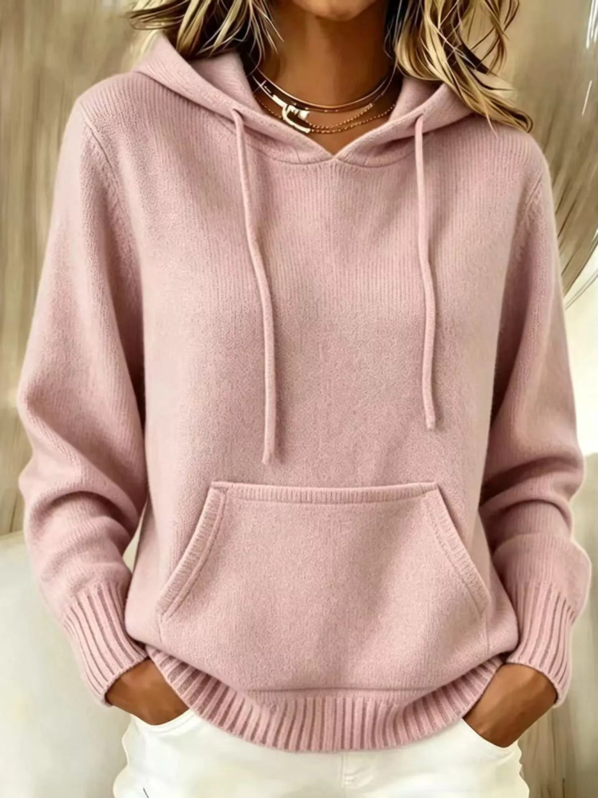 Women's Drawstring Kangaroo Pocket Hooded Sweater in pink — front view