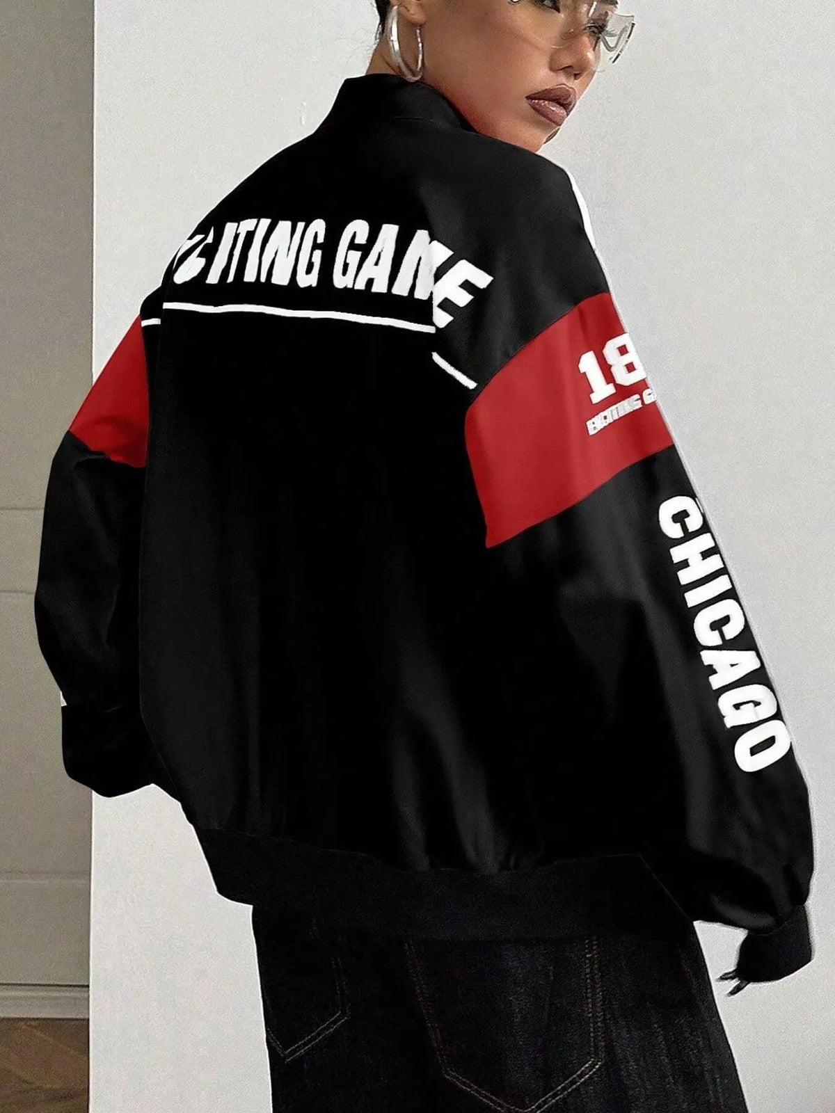 Black and red letter-print zip-front jacket, back view