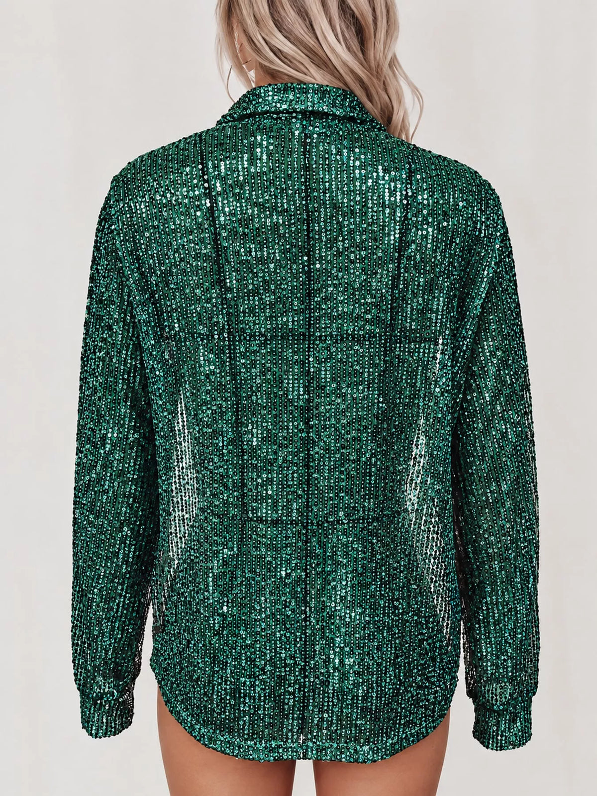 Dark Green sequin button up long sleeve shirt, back view
