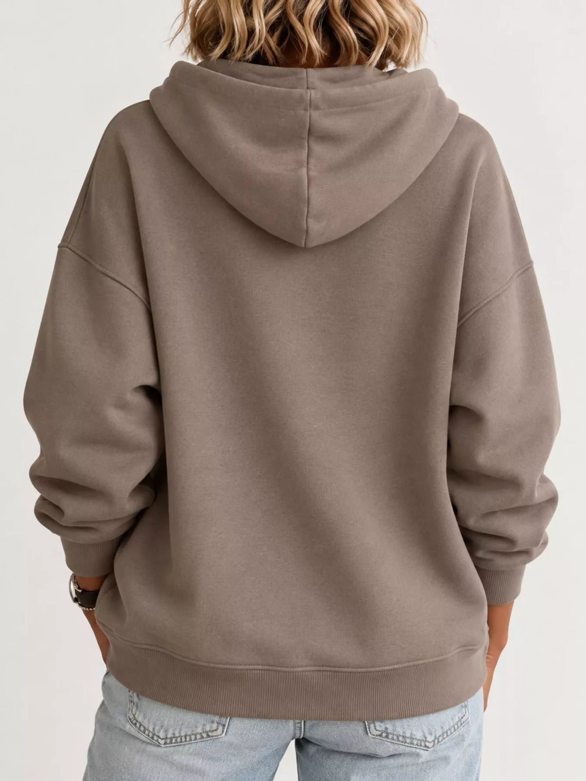 Women's Drawstring Dropped Shoulder Hoodie in taupe — back view