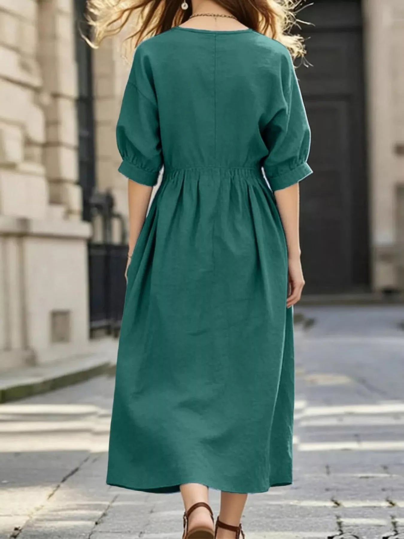 Trendsi Notched Half Sleeve Midi Dress -