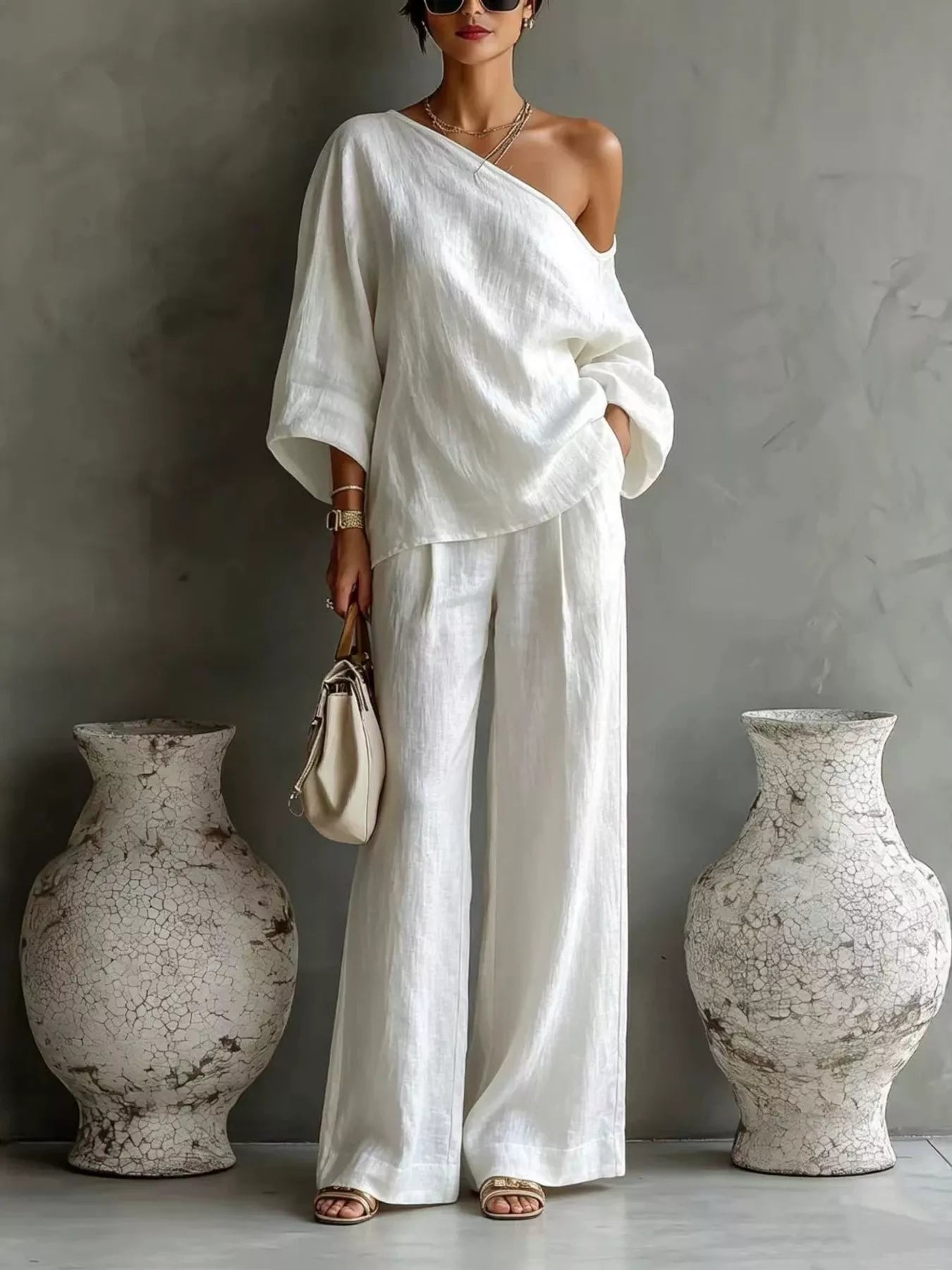 Trendsi One Shoulder Top and Wide Leg Pants Set -