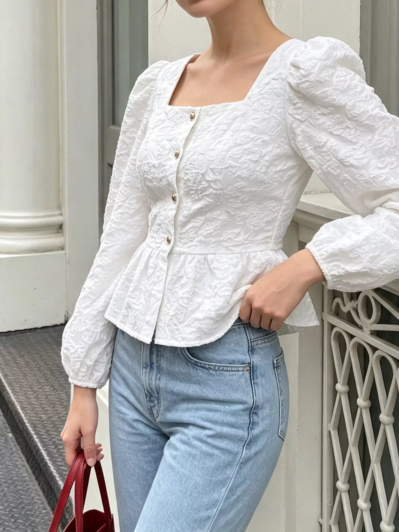 Trendsi Square Neck Textured Peplum Blouse -