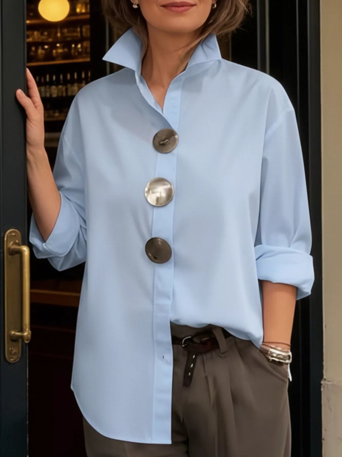 Trendsi Full Size Oversized Metal Button Long Sleeve Shirt Plus Size -