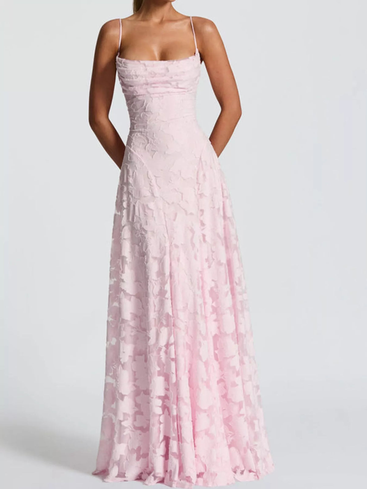 Pink backless lace maxi dress, front view