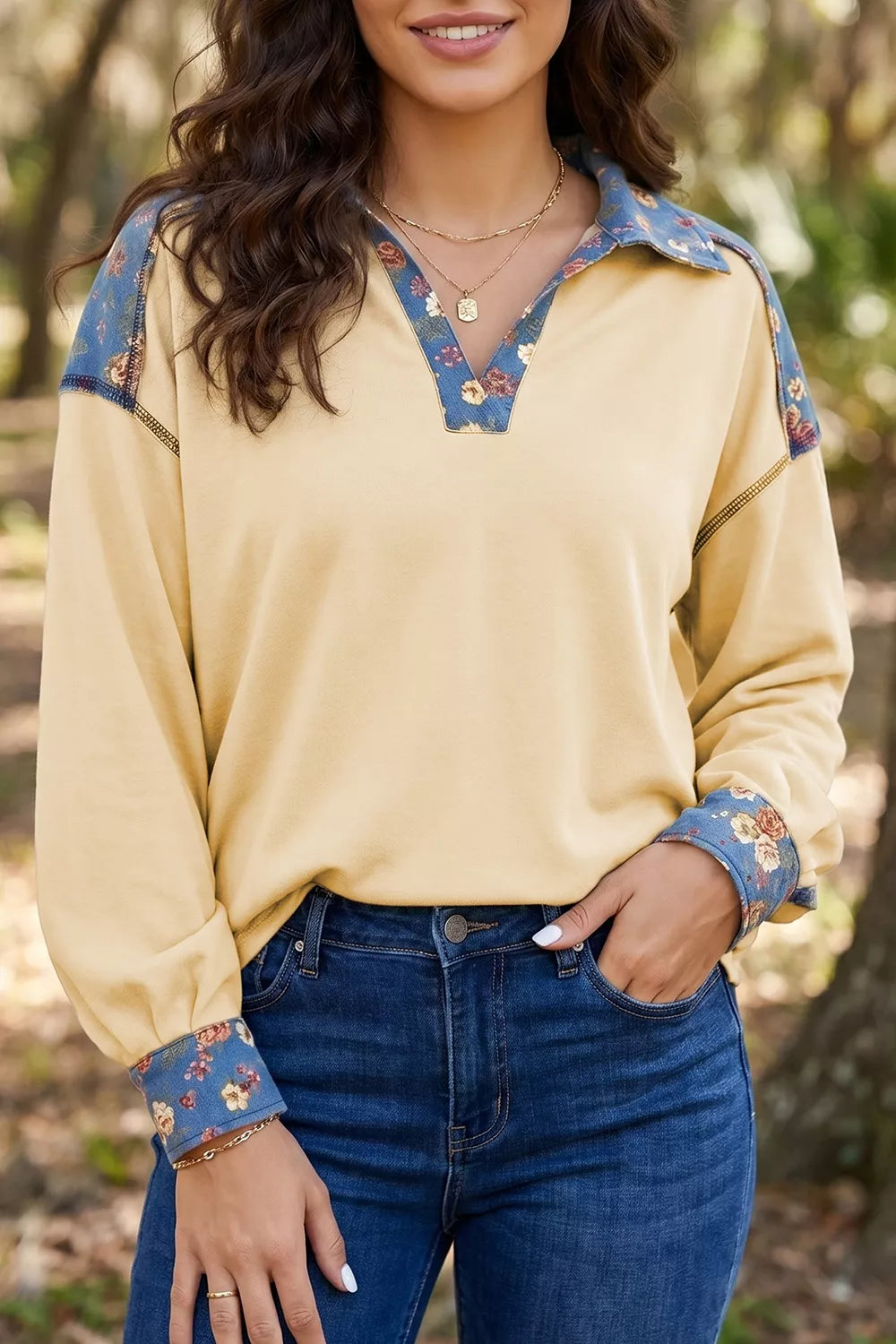 Trendsi Floral Denim Patchwork Collar V Neck Long Sleeve Pullover Top -