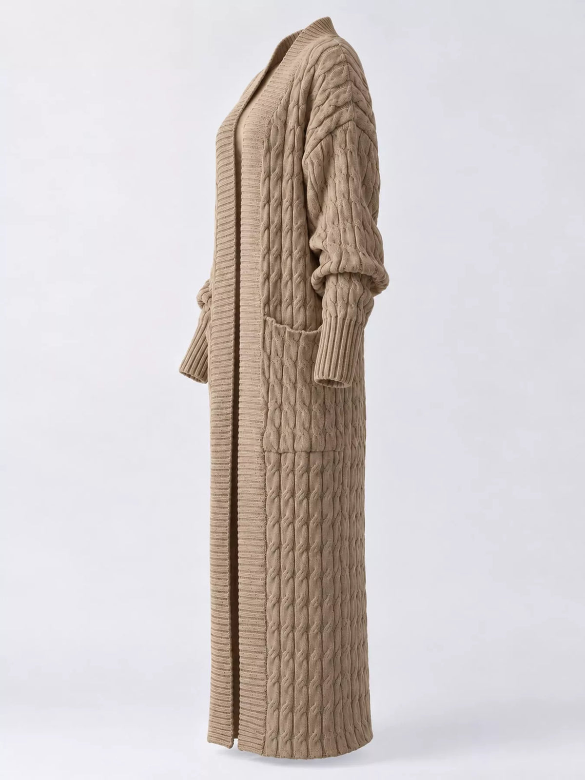 Khaki cable-knit longline open-front cardigan, back view