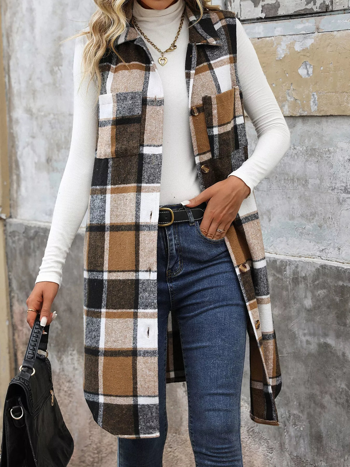 Longline Plaid Button-Down Vest Coat in brown, black and white