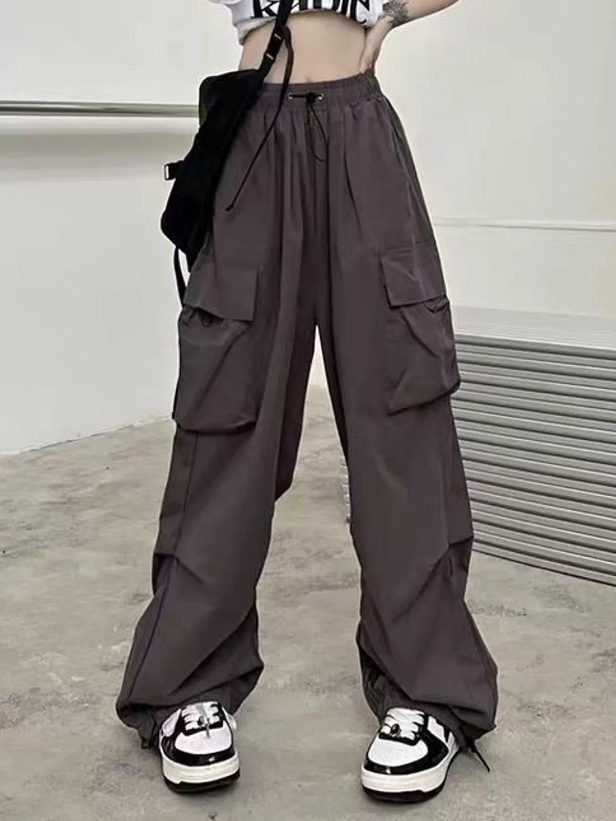 Drawstring Wide-Leg Cargo Pants — front view