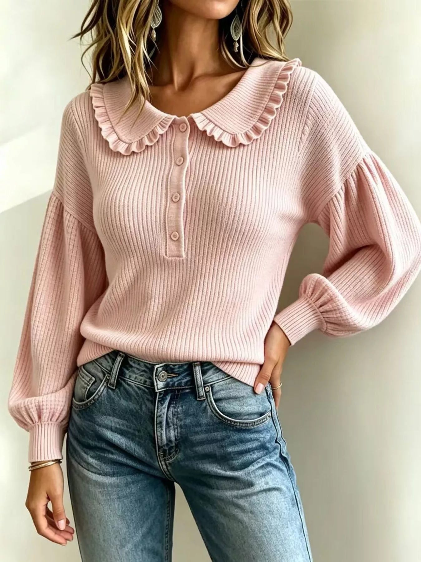 Trendsi Full Size Ruffle Collar Button Detail Sweater Plus Size -
