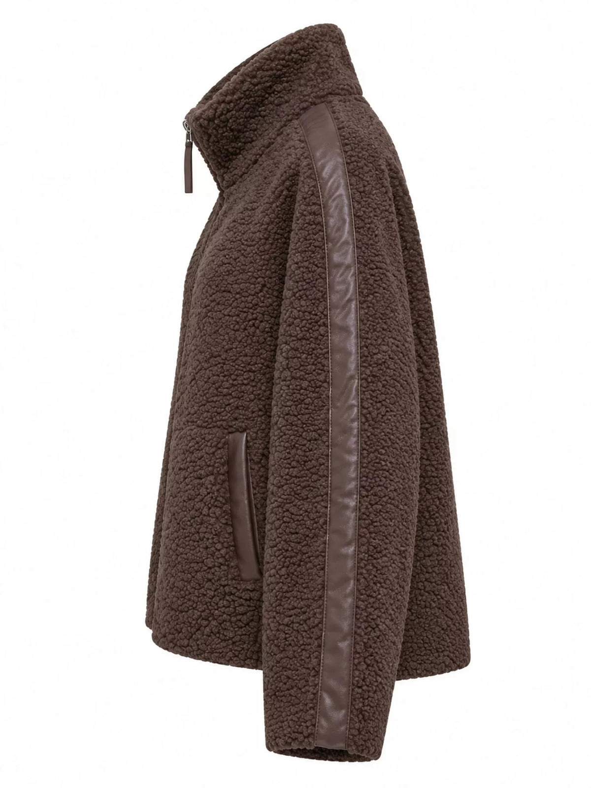 Brown sherpa zip-up jacket, side view