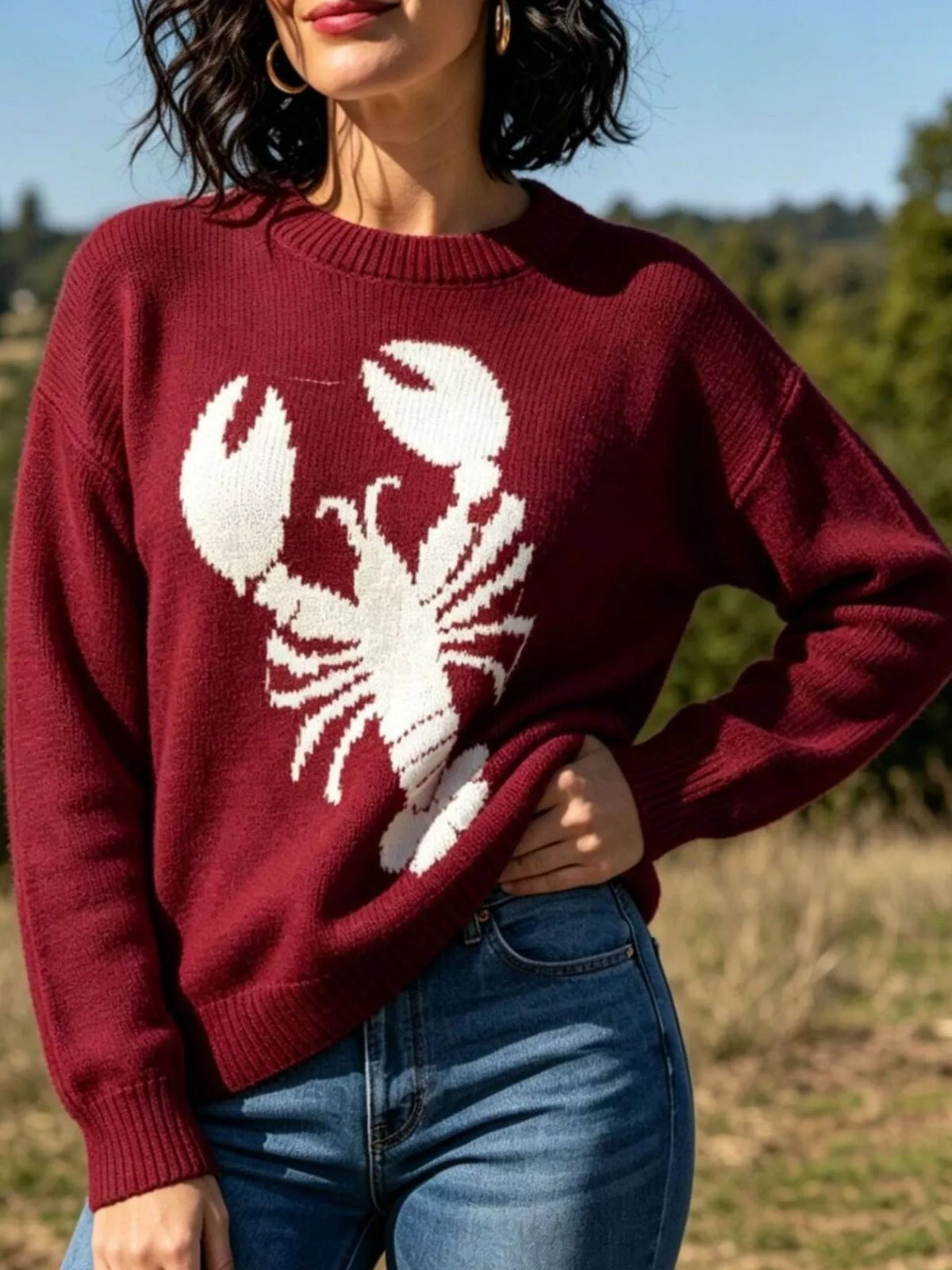 Deep red lobster graphic crew neck sweater