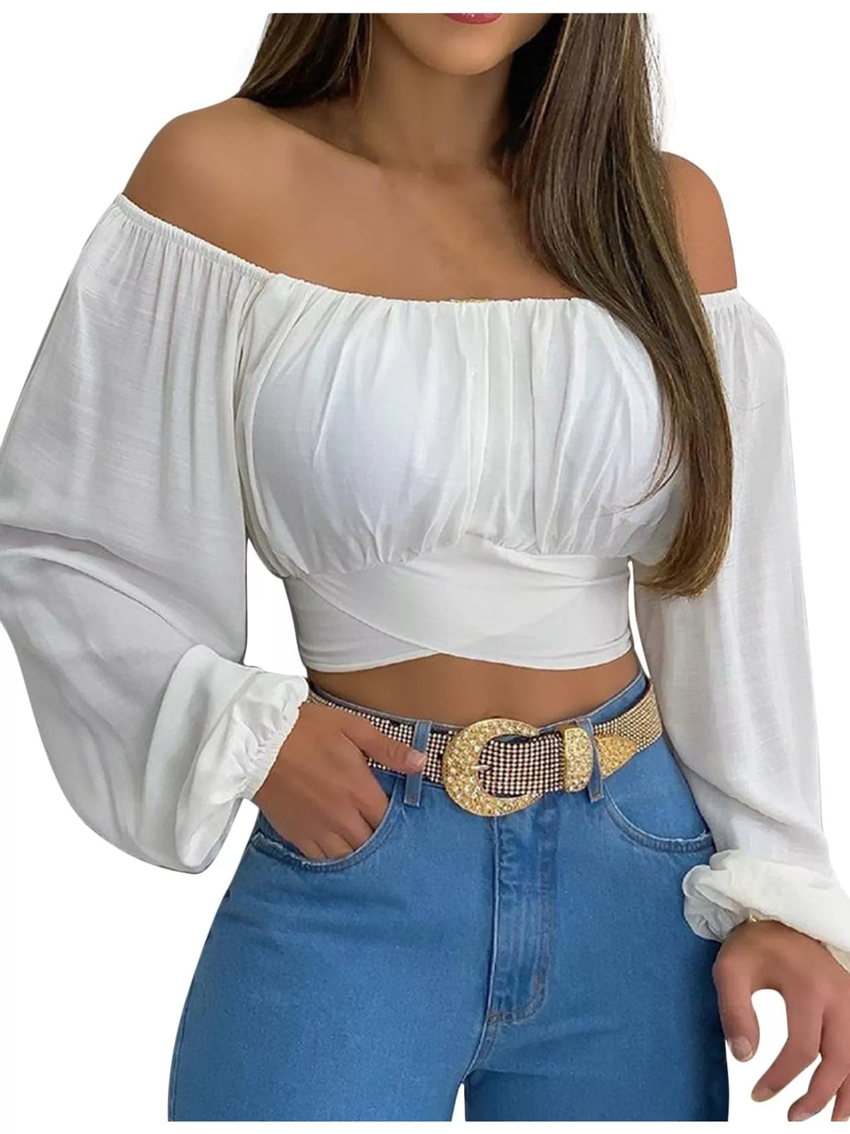 Off-Shoulder Cropped Blouse in white, front view