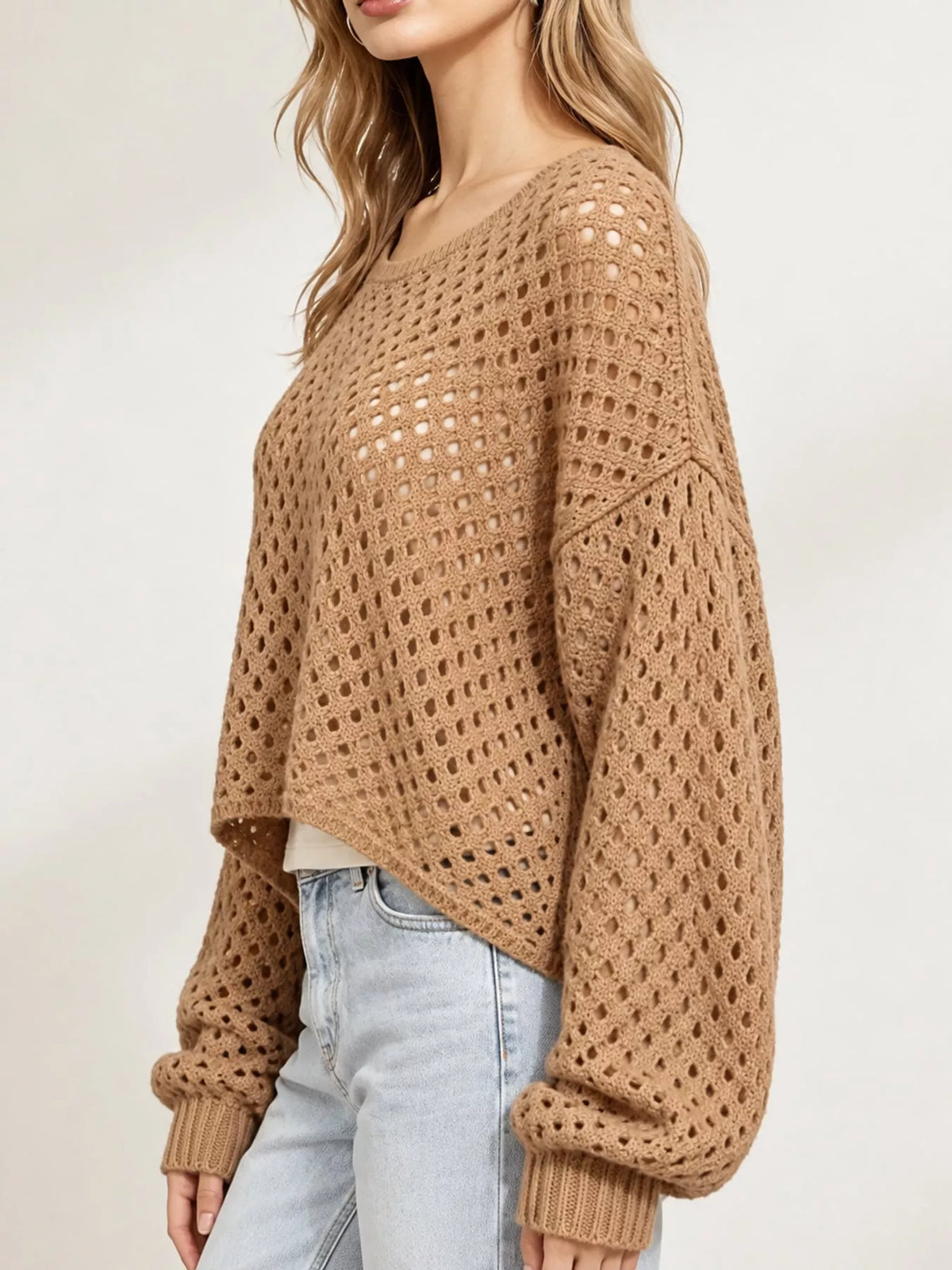 Camel openwork boat neck knit cover-up, side view