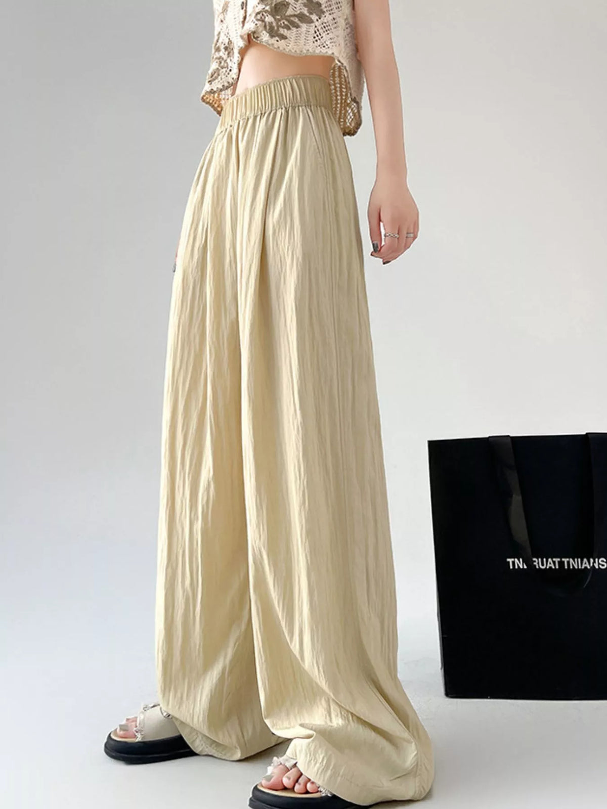 Women's High-Waisted Loose Fit Wide-Leg Casual Pants in beige — front view