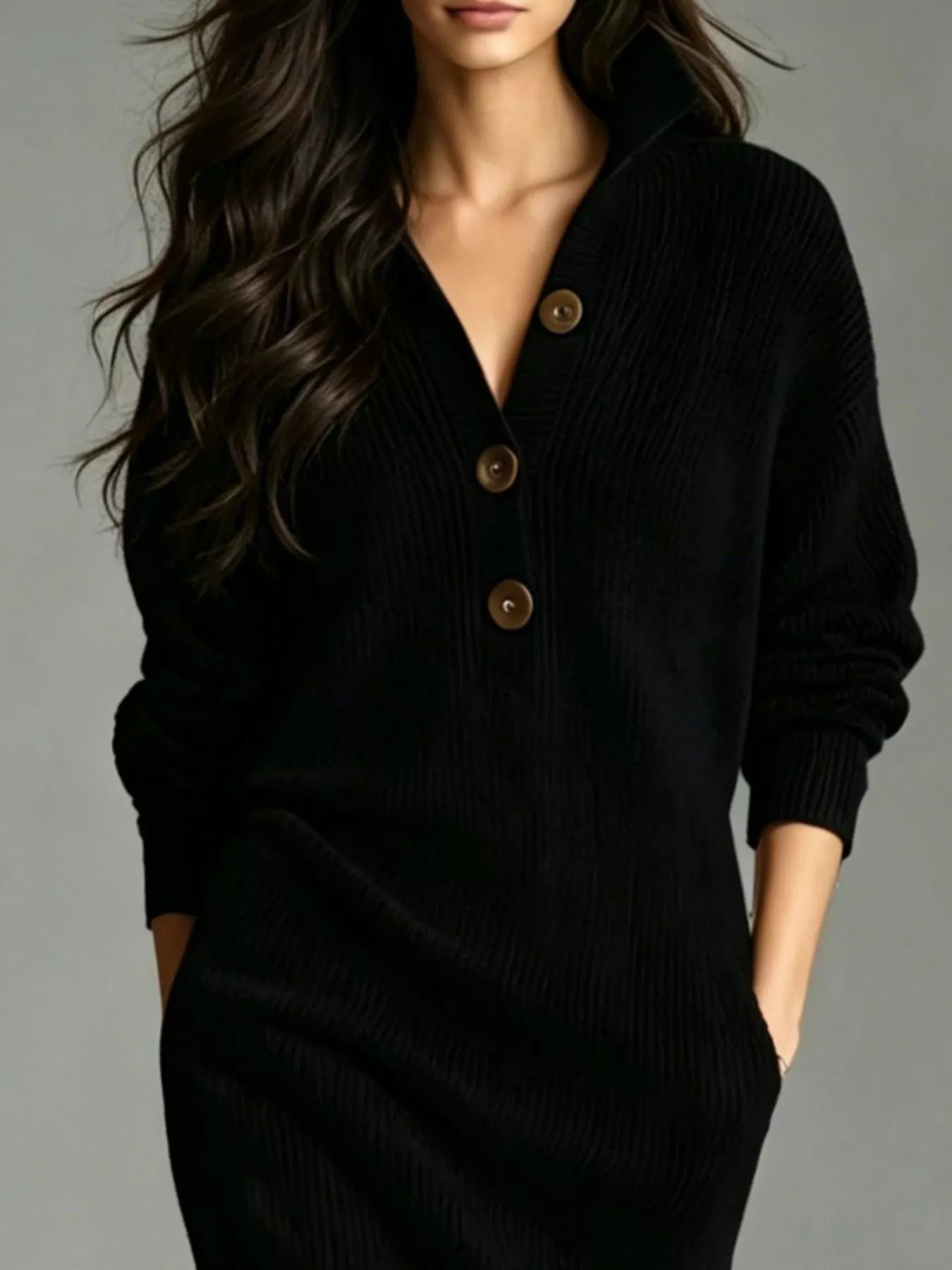 Trendsi V-Neck Half-Button Ribbed Knit Dress -