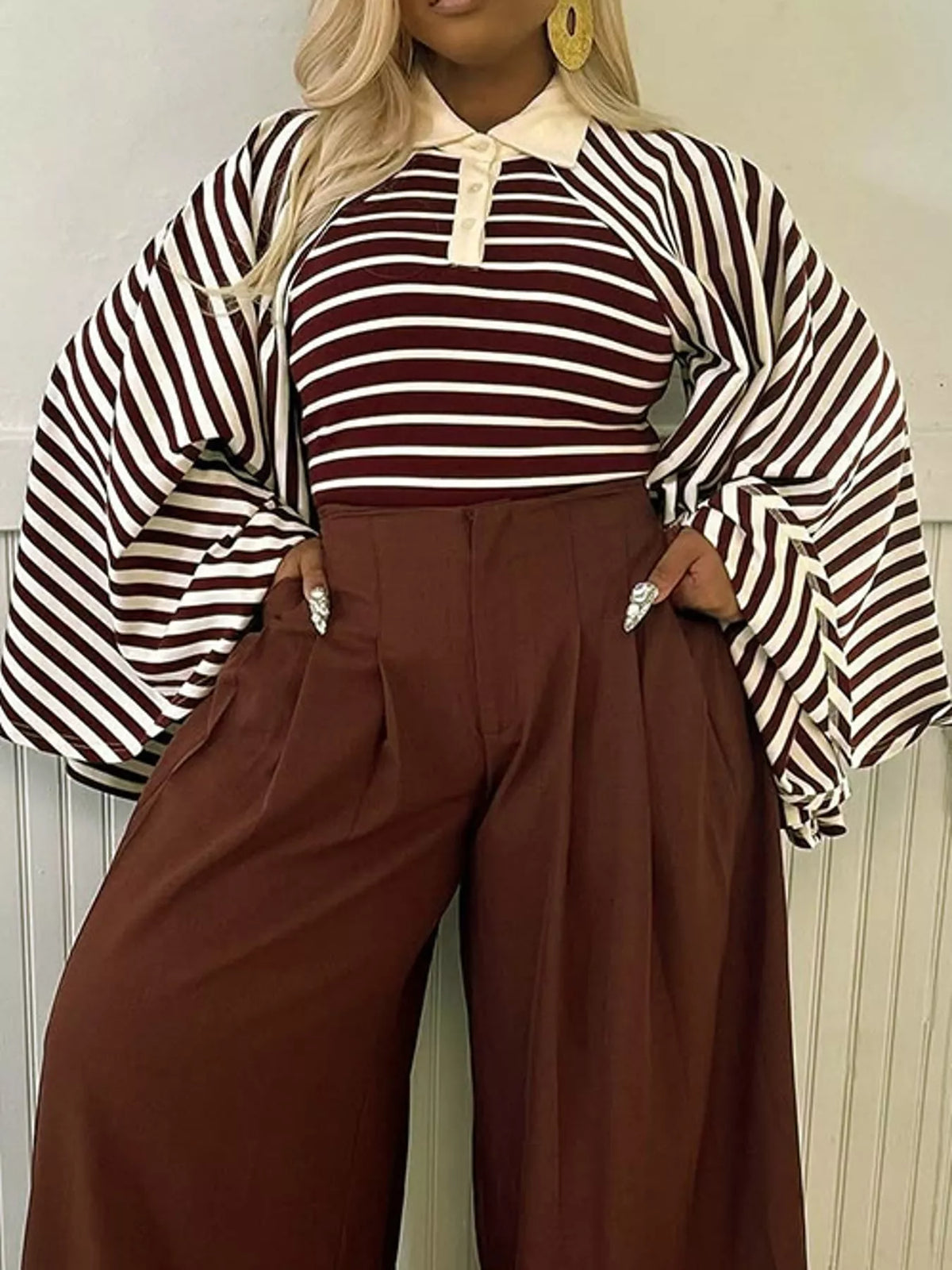 Collared long sleeve top, front view on model
