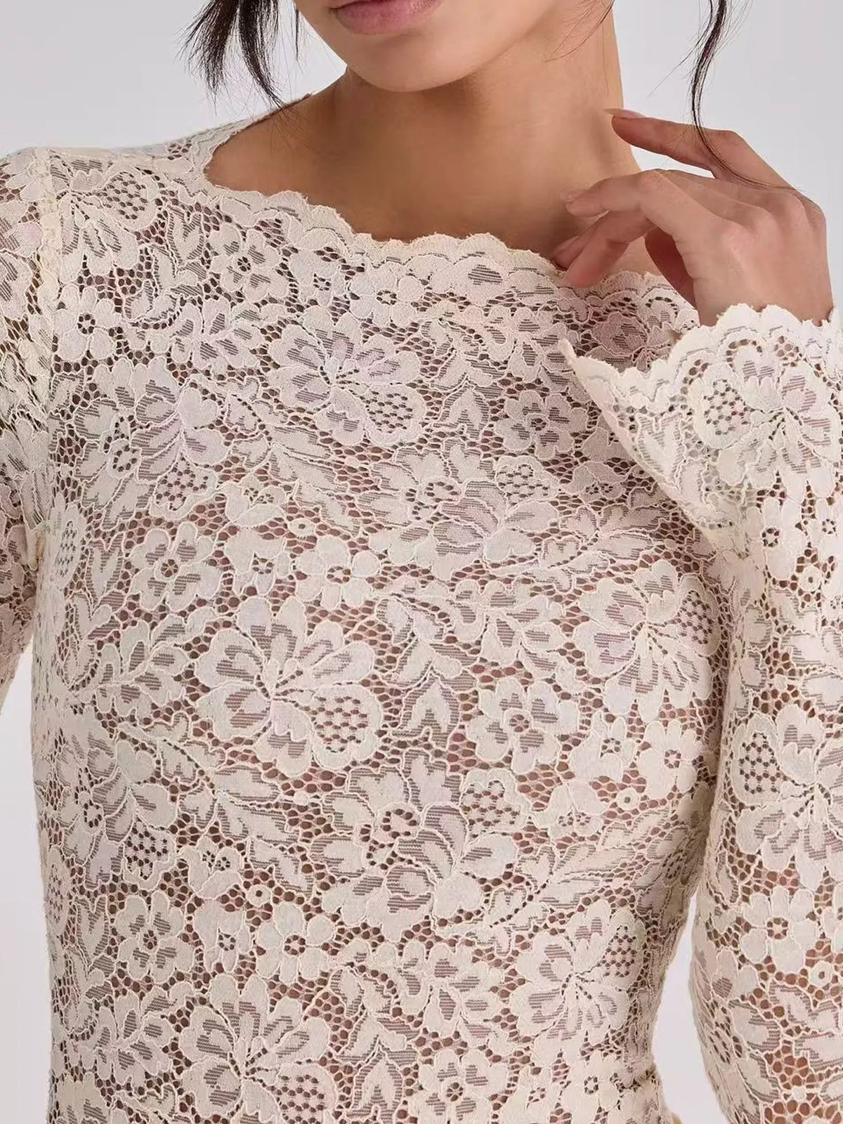 Cream lace and satin maxi dress, lace neckline detail