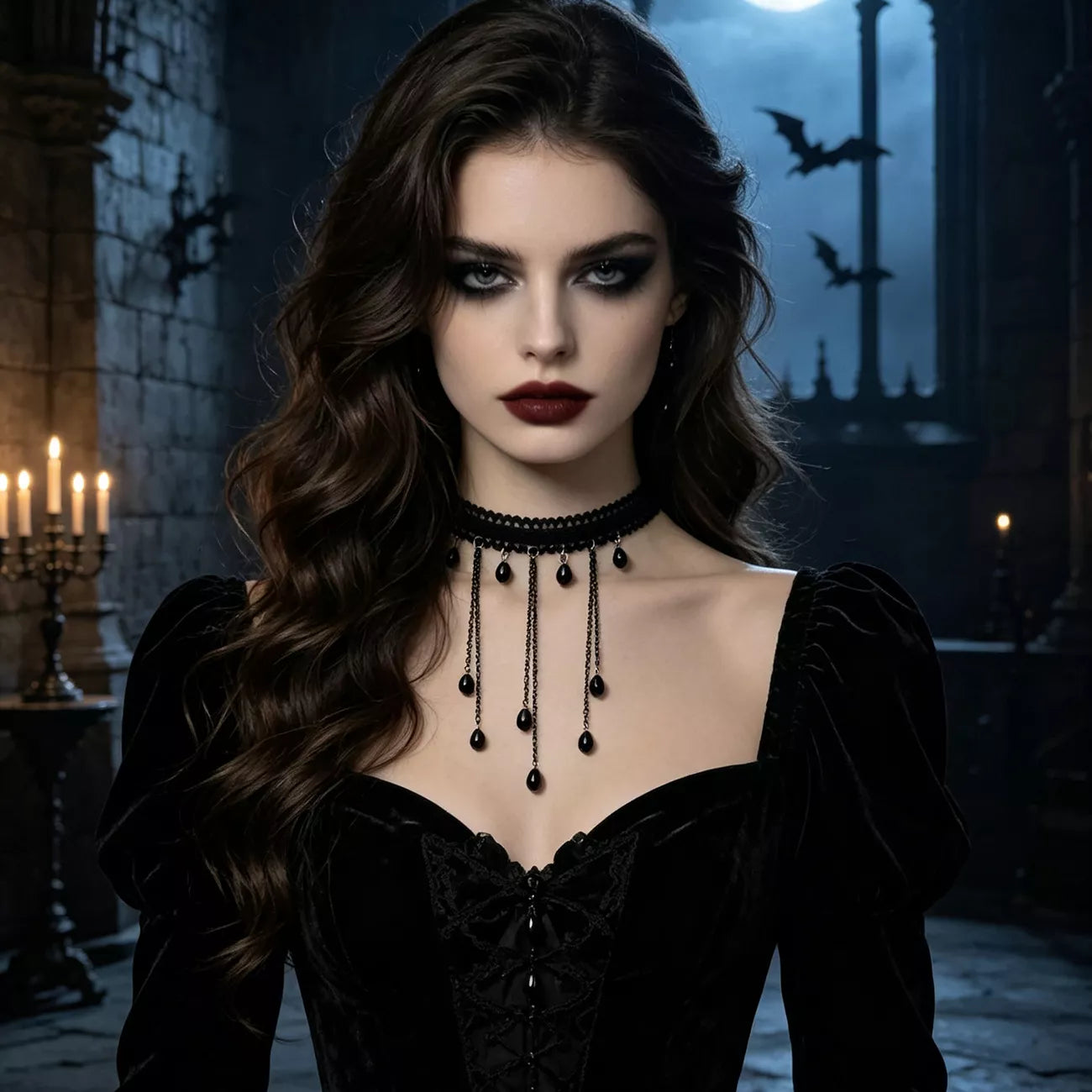 Trendsi Gothic Lace Choker Necklace with Teardrop Dangle Charms -