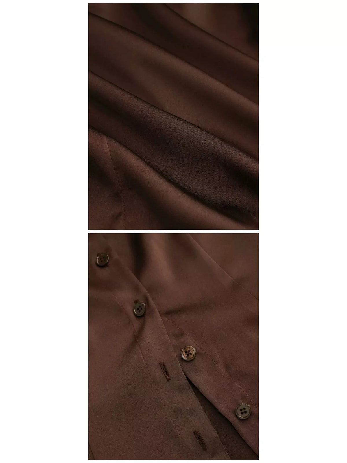 Satin Short Sleeve Button-Down Shirt, detail view in brown