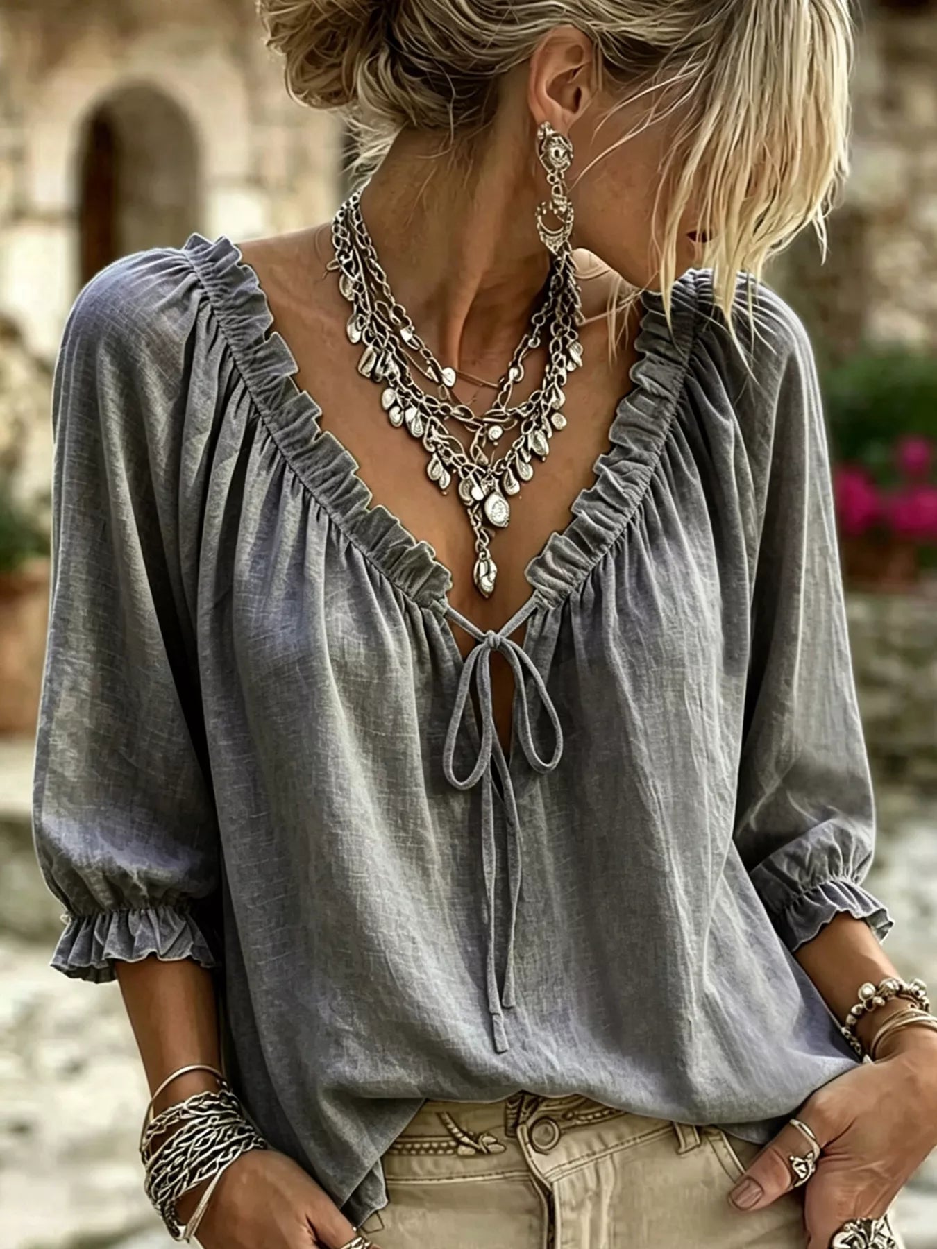 Trendsi Frill Tie Neck 3/4 Sleeve Blouse -
