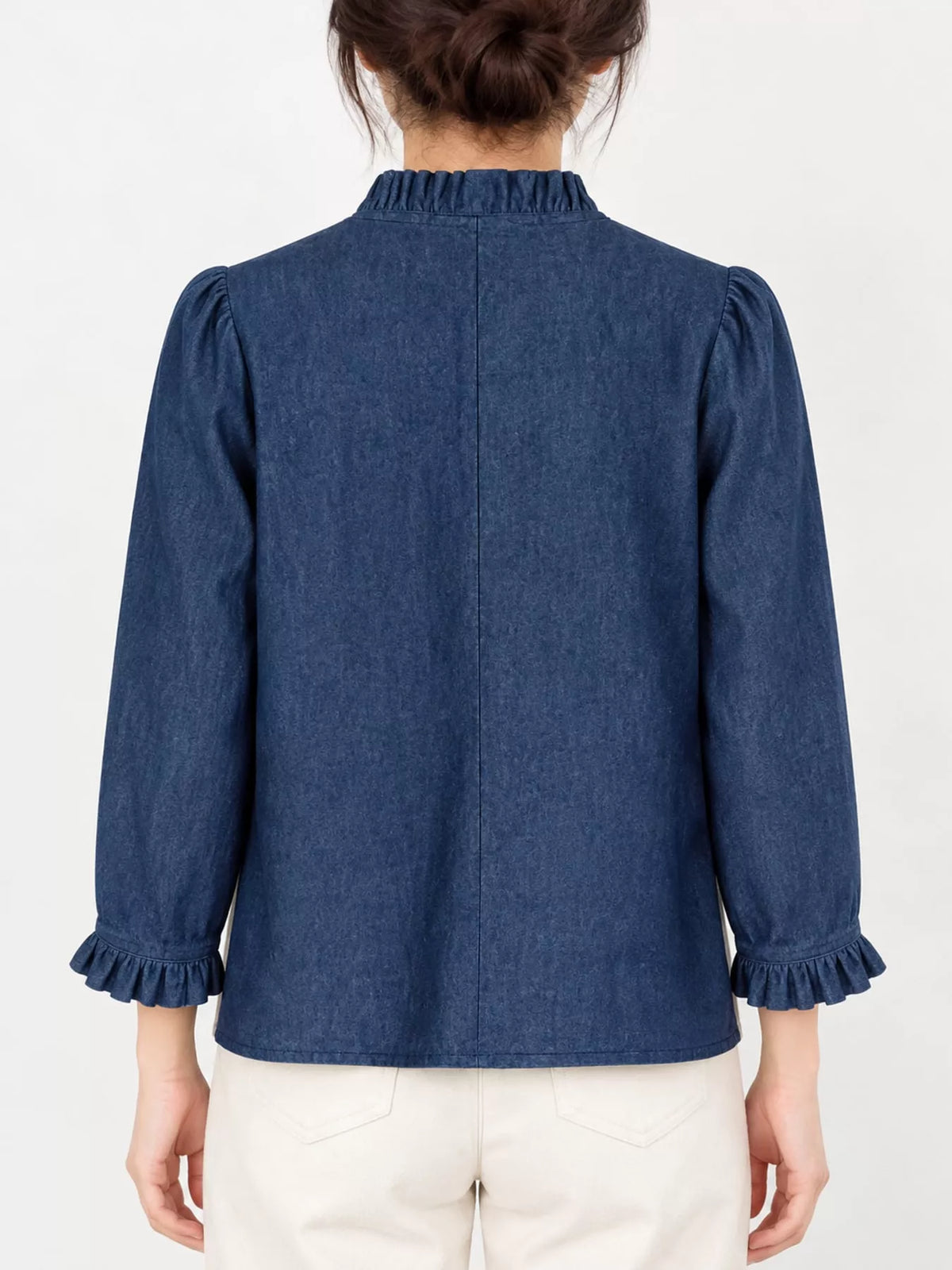Ruffle-Trim Button-Up Denim Jacket — back view