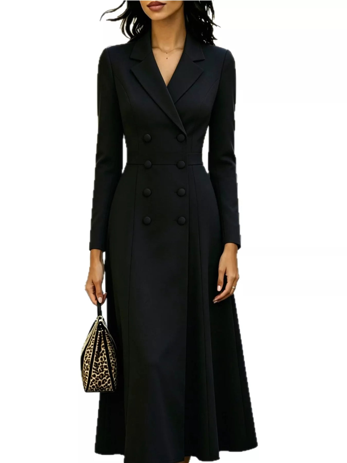 Black double-breasted lapel collar midi dress — front view