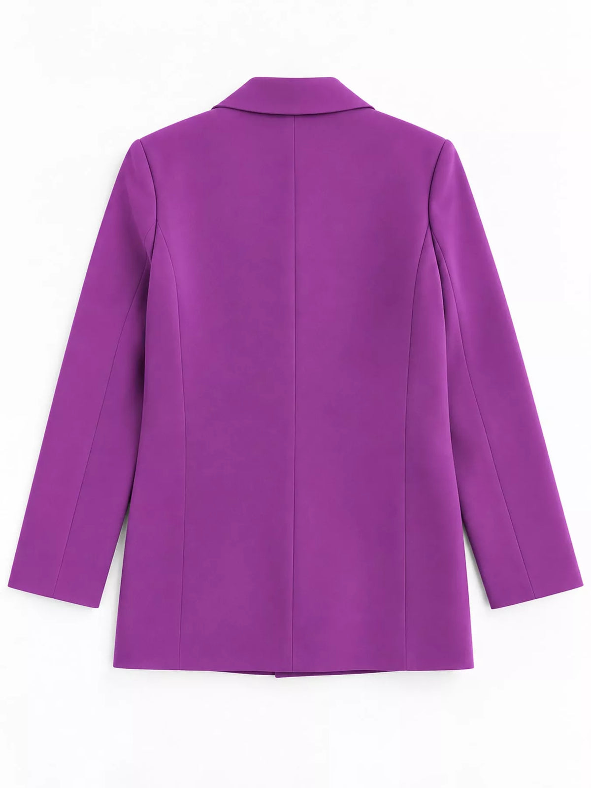 Purple double-breasted lapel collar blazer, back view