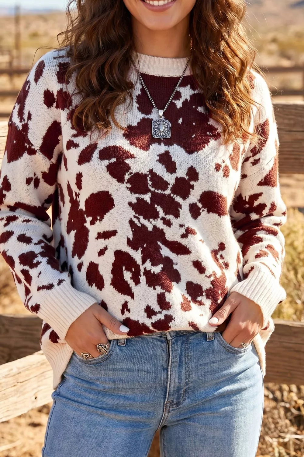 Trendsi Western Print Cow Pattern Long Sleeve Round Neck Pullover Knitwear Sweater -