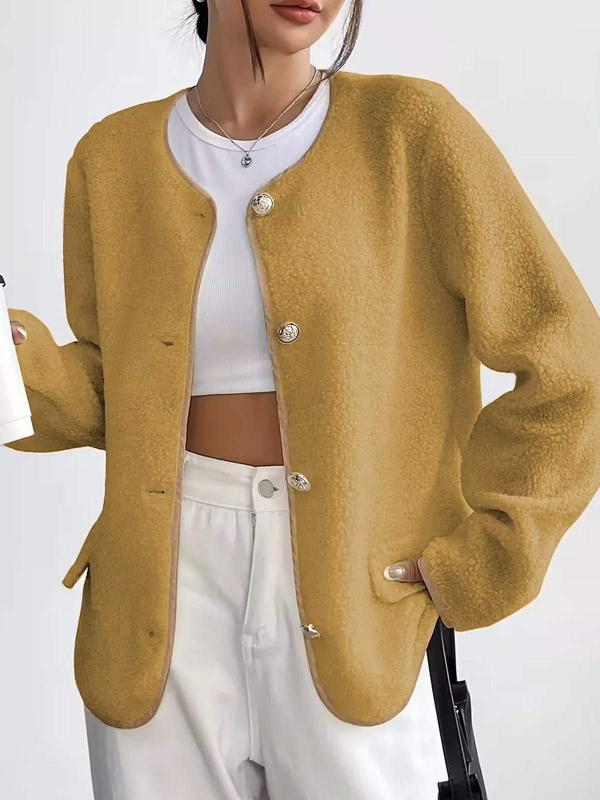 Mustard textured button-front jacket — front view