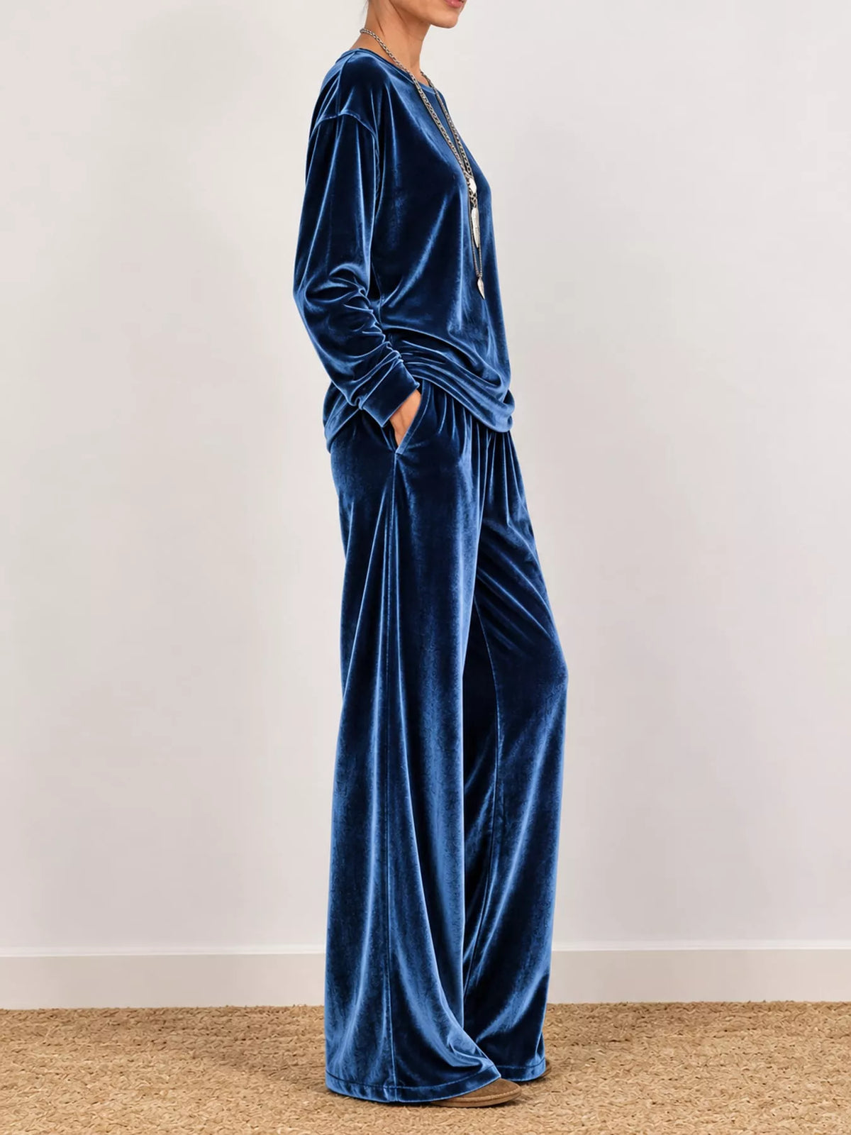 Velvet Long Sleeve Top and Wide-Leg Pants Set — side view