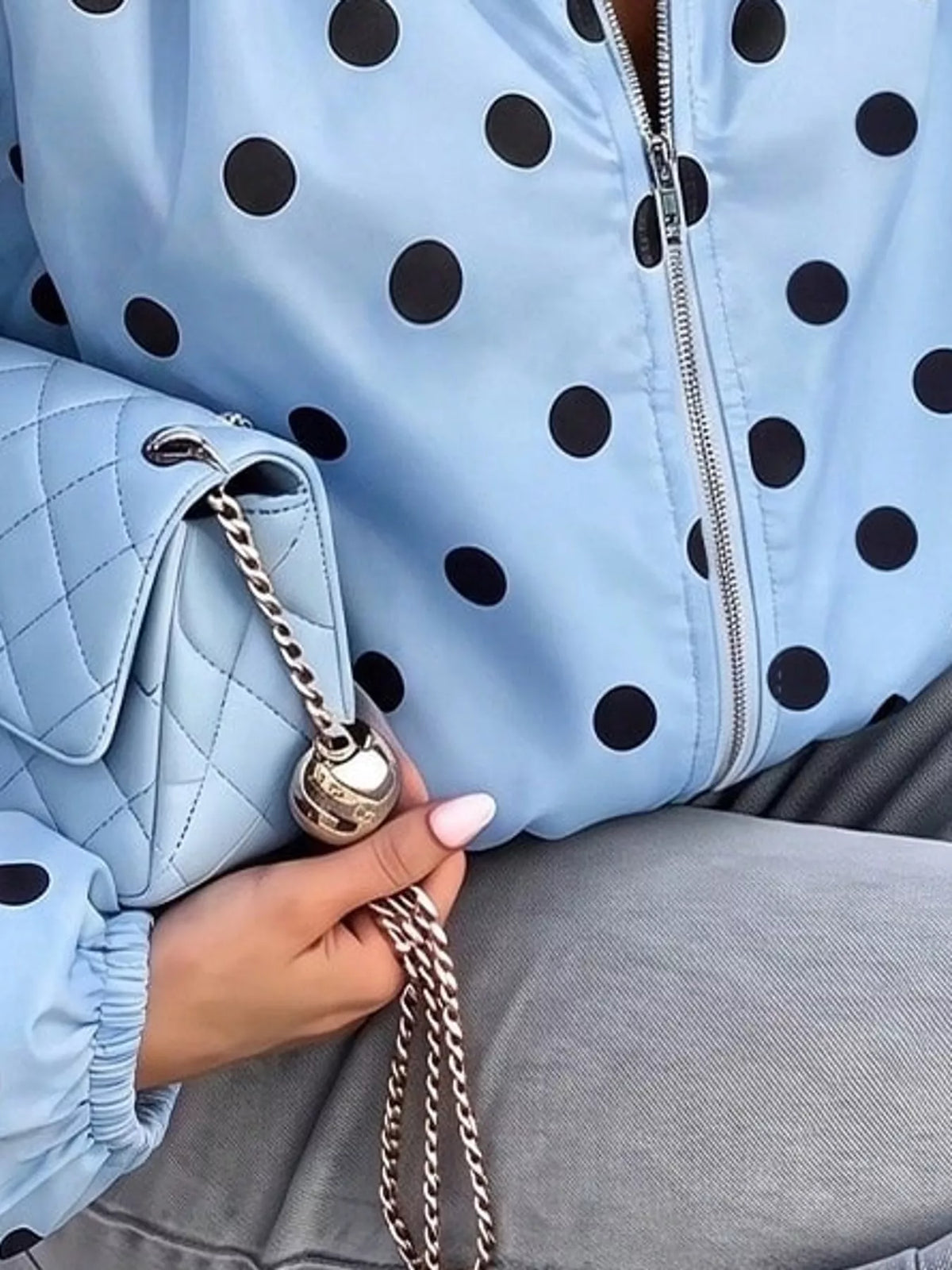 Polka Dot Drawstring Zip-Up Jacket — garment construction details