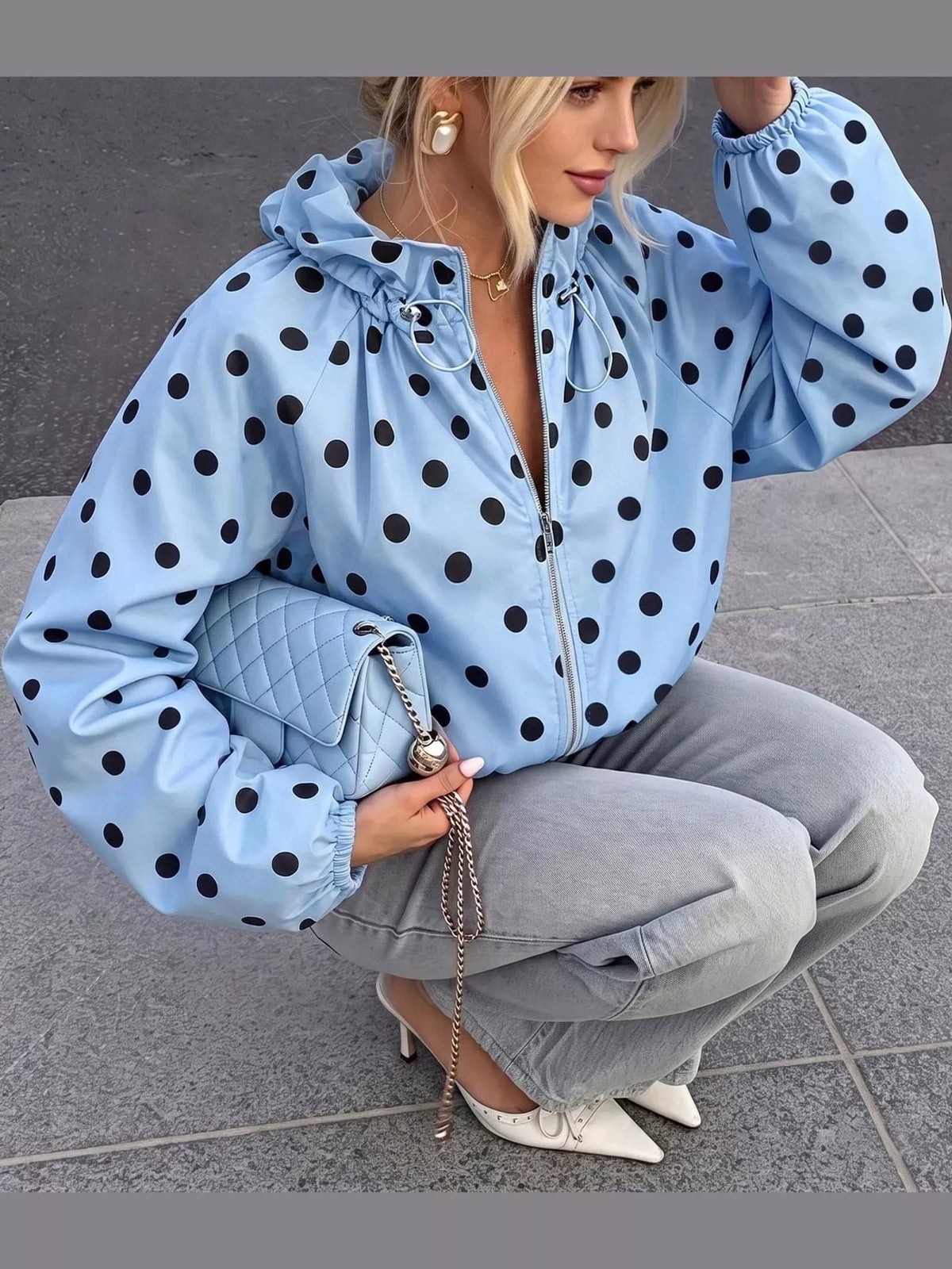 Polka Dot Drawstring Zip-Up Jacket — front view