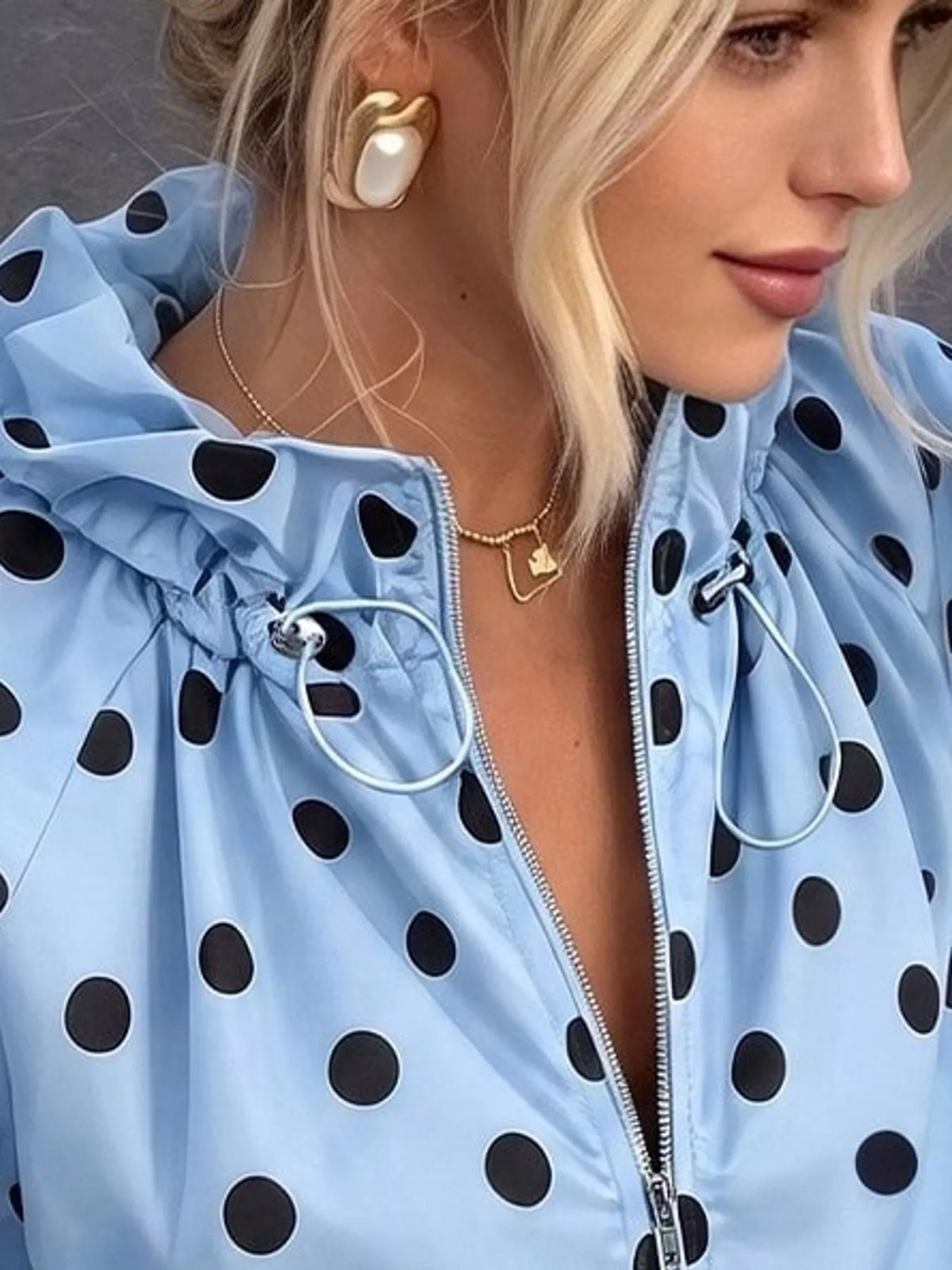 Polka Dot Drawstring Zip-Up Jacket — garment construction details