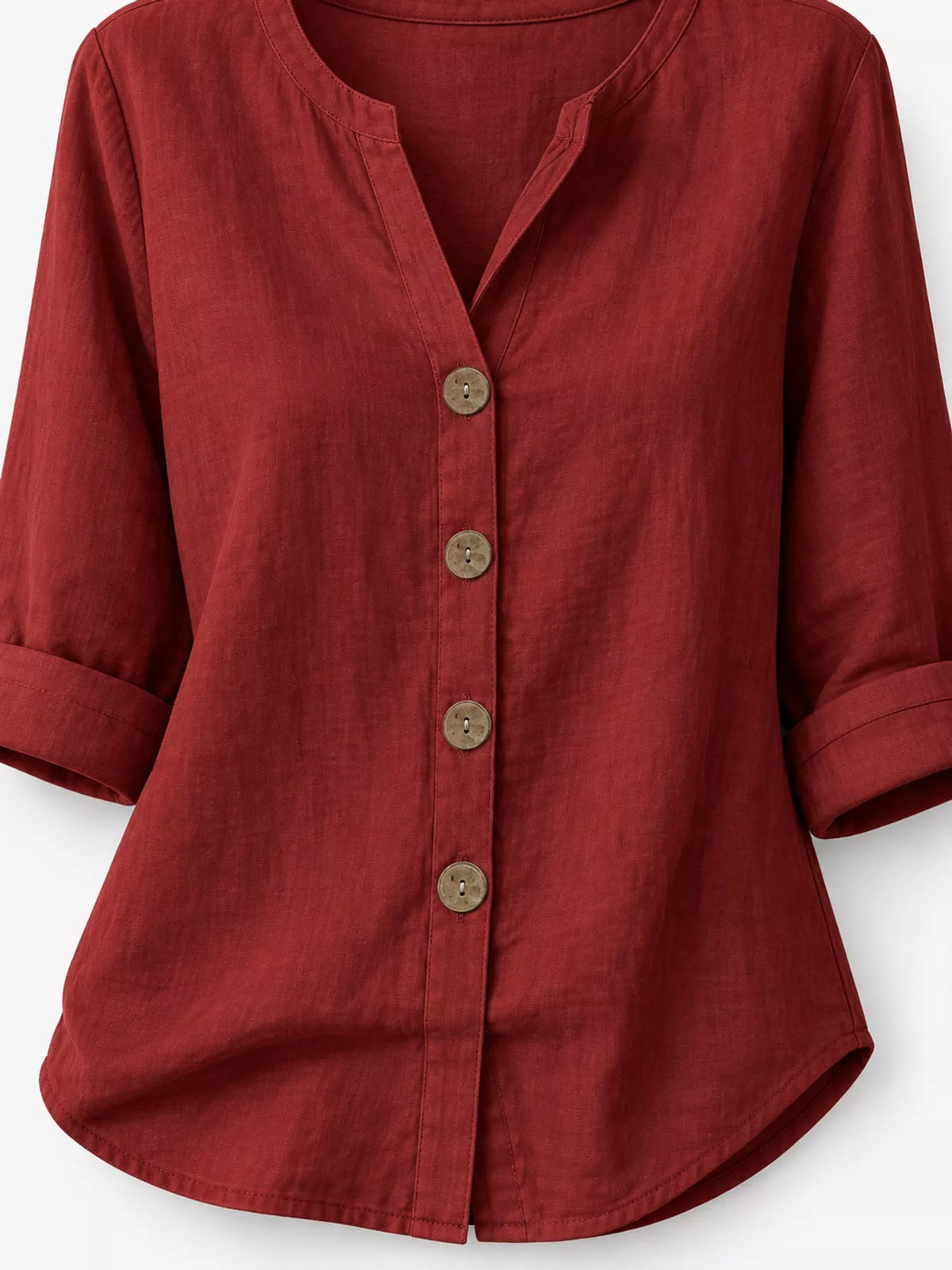 Notched-neck shirt, red neckline button cuff and hem details