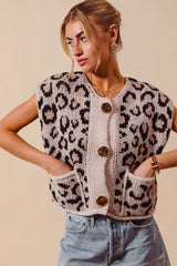 Trendsi SO ME Big Metal Button Front Leopard Sweater Vest Top -